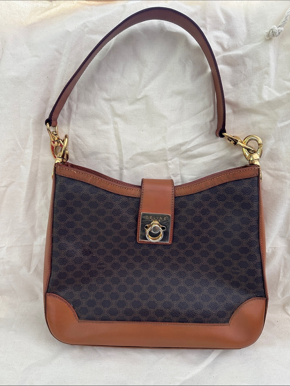 Celine Vintage Macadam Canvas Shoulder Bag with Carmel Leather Trim AUTH